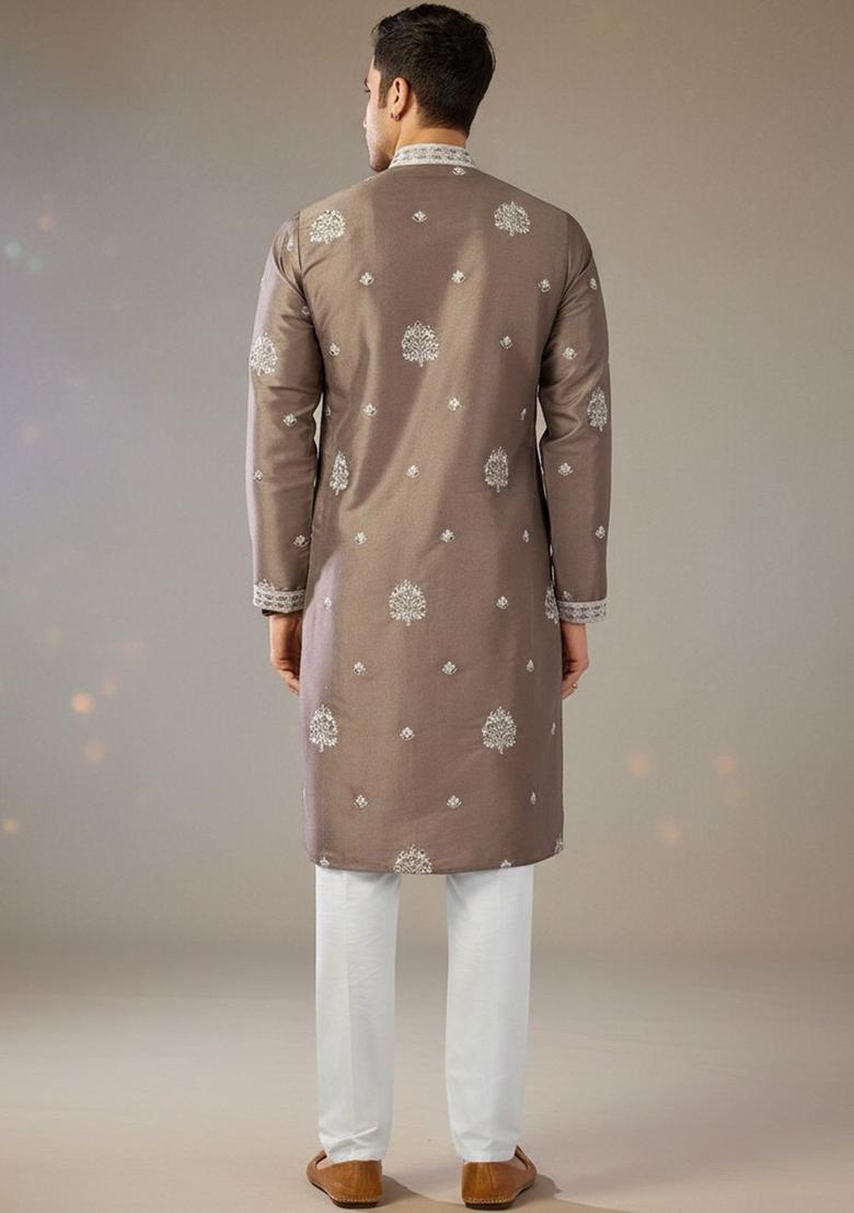 Brown Embroidered Cotton Kurta Set For Men - Indya