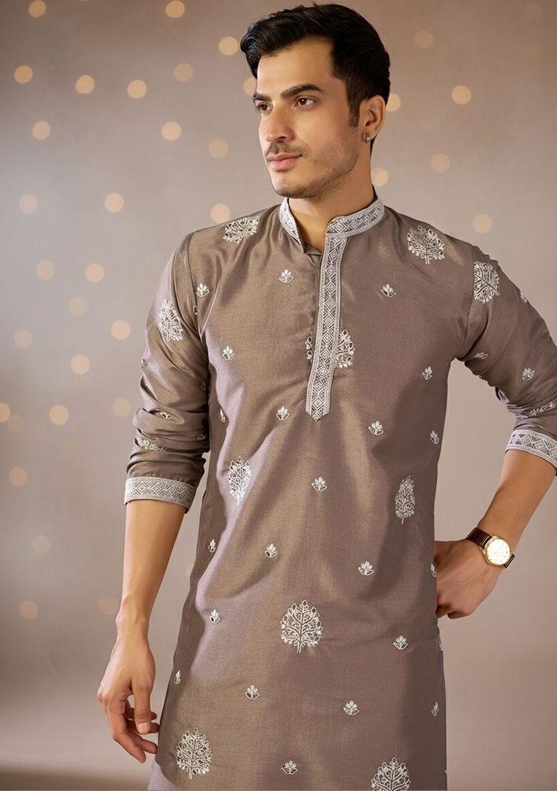 Brown Embroidered Cotton Kurta Set For Men - Indya