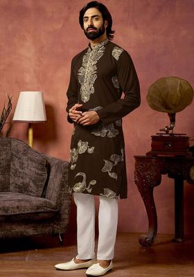 Brown Embroidered Cotton Kurta Set For Men