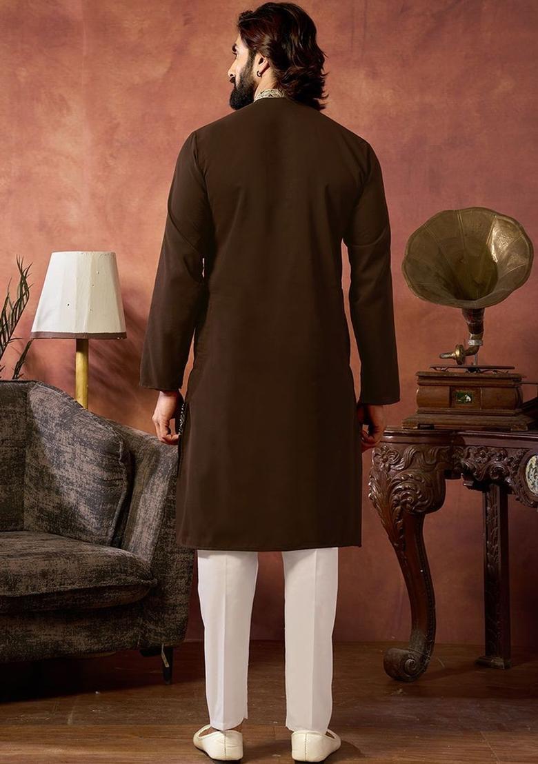 Brown Embroidered Cotton Kurta Set For Men - Indya