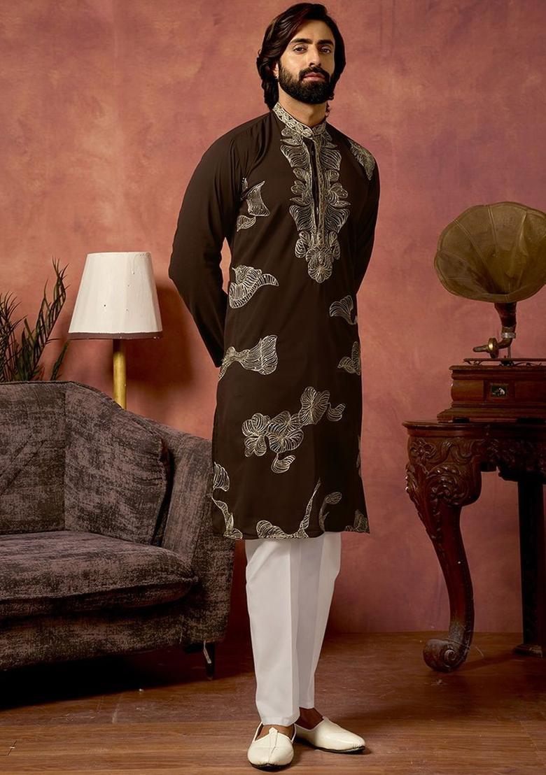 Brown Embroidered Cotton Kurta Set For Men - Indya