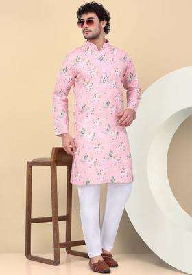 Pink Printed Linen Kurta Set For Men