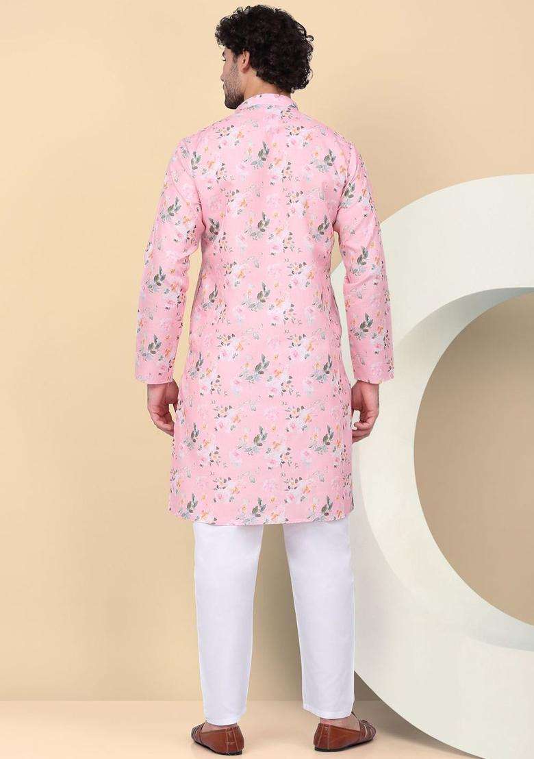 Pink Printed Linen Kurta Set For Men - Indya