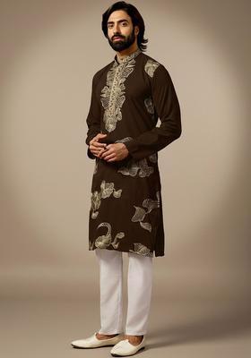 Brown Embroidered Silk Kurta Set For Men