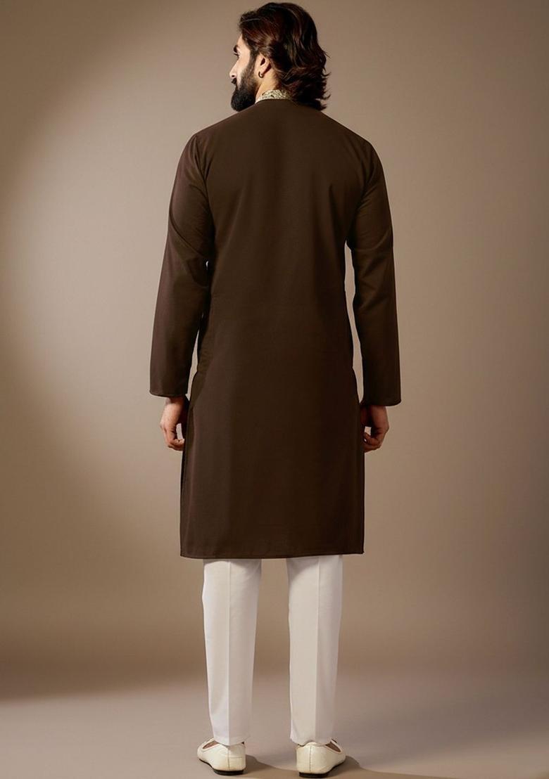 Brown Embroidered Silk Kurta Set For Men - Indya