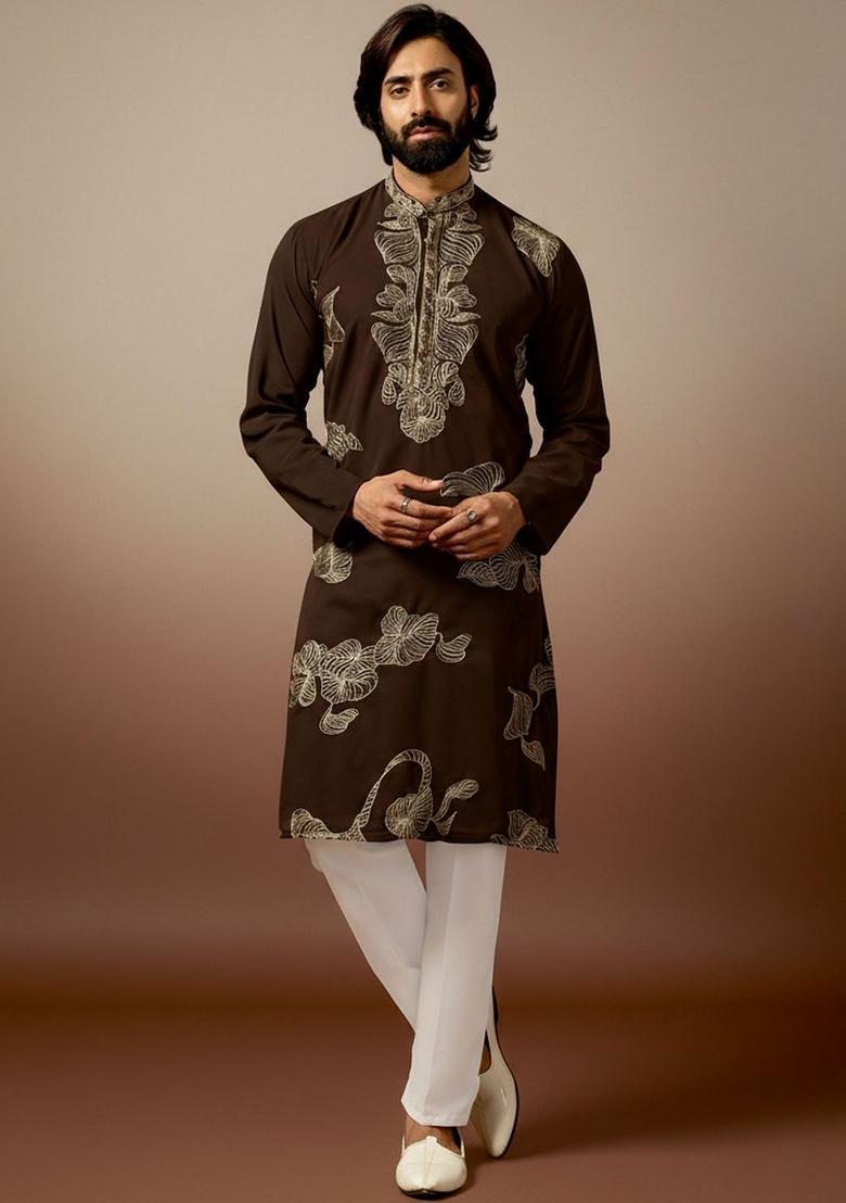Brown Embroidered Silk Kurta Set For Men - Indya