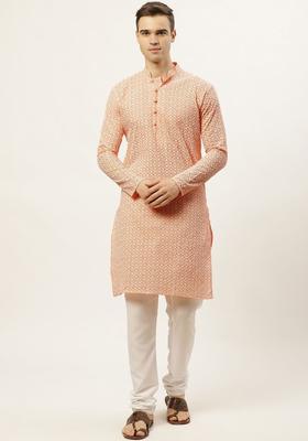 Peach Embroidered Cotton Kurta Set For Men