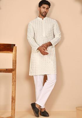 Beige Embroidered Cotton Kurta Set For Men