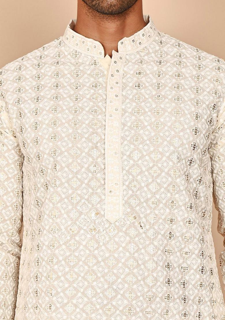 Beige Embroidered Cotton Kurta Set For Men - Indya