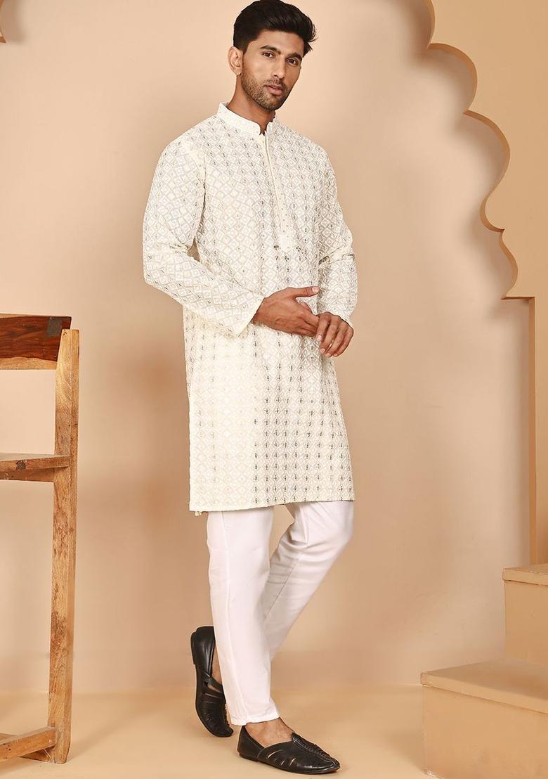 Beige Embroidered Cotton Kurta Set For Men - Indya