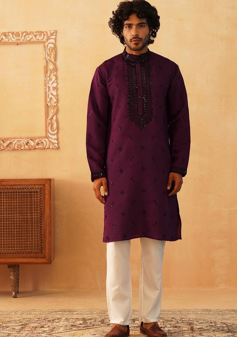 Maroon Embroidered Silk Kurta Set For Men - Indya