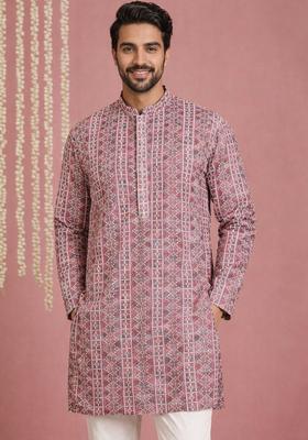 Red Printed Cotton Kurta Set For Men