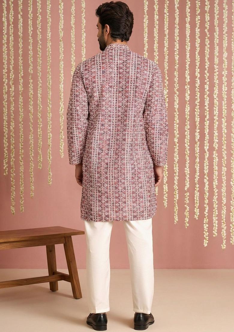 Red Printed Cotton Kurta Set For Men - Indya