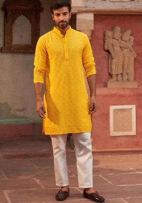 Yellow Embroidered Viscose Kurta Set For Men