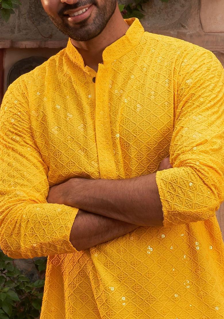 Yellow Embroidered Viscose Kurta Set For Men - Indya