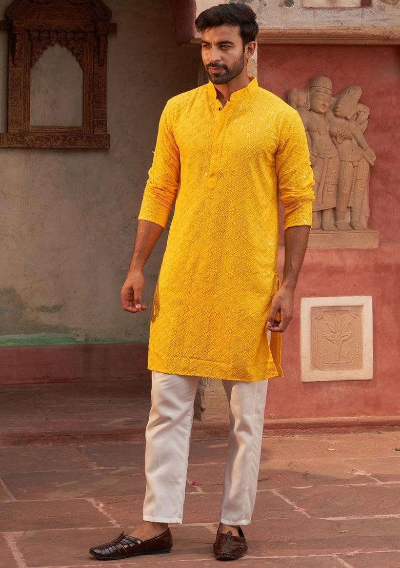 Yellow Embroidered Viscose Kurta Set For Men - Indya