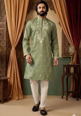 Olive Embroidered Cotton Kurta Set For Men