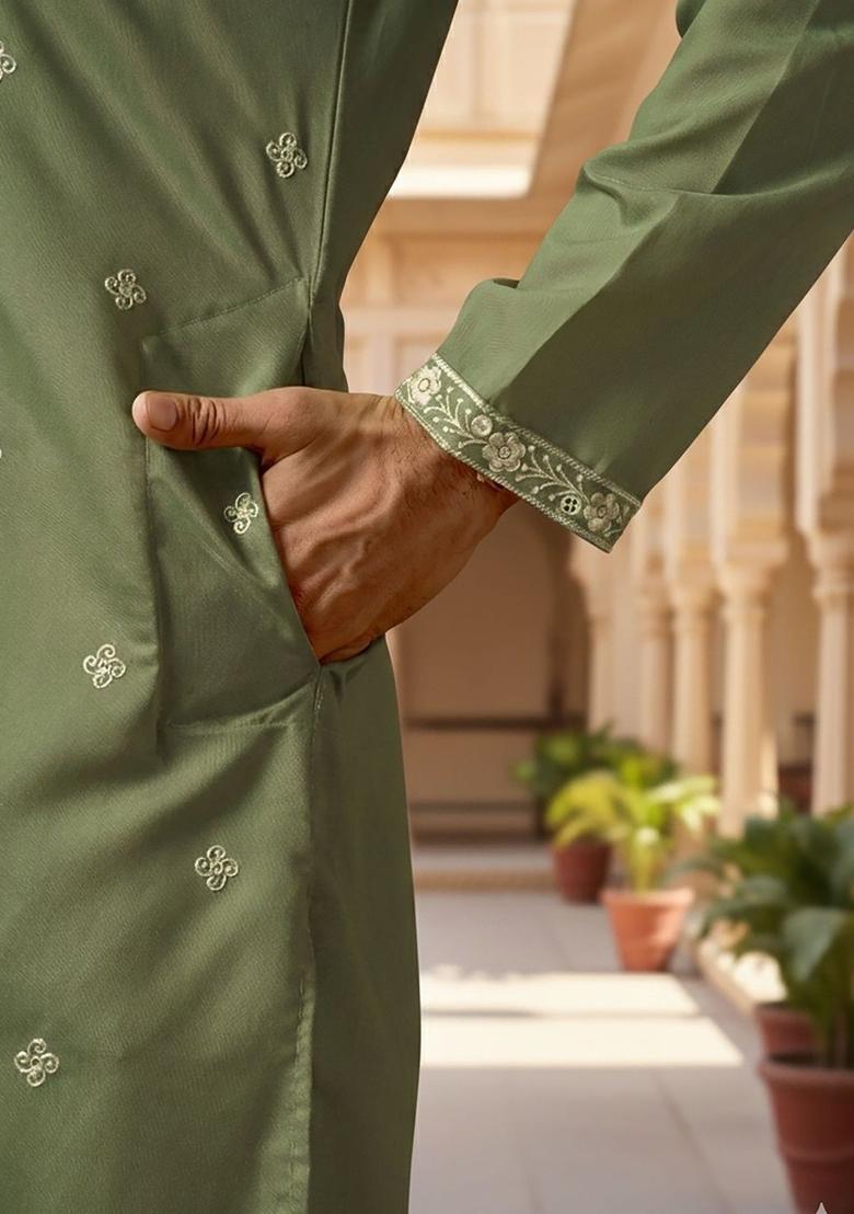 Olive Embroidered Cotton Kurta Set For Men - Indya