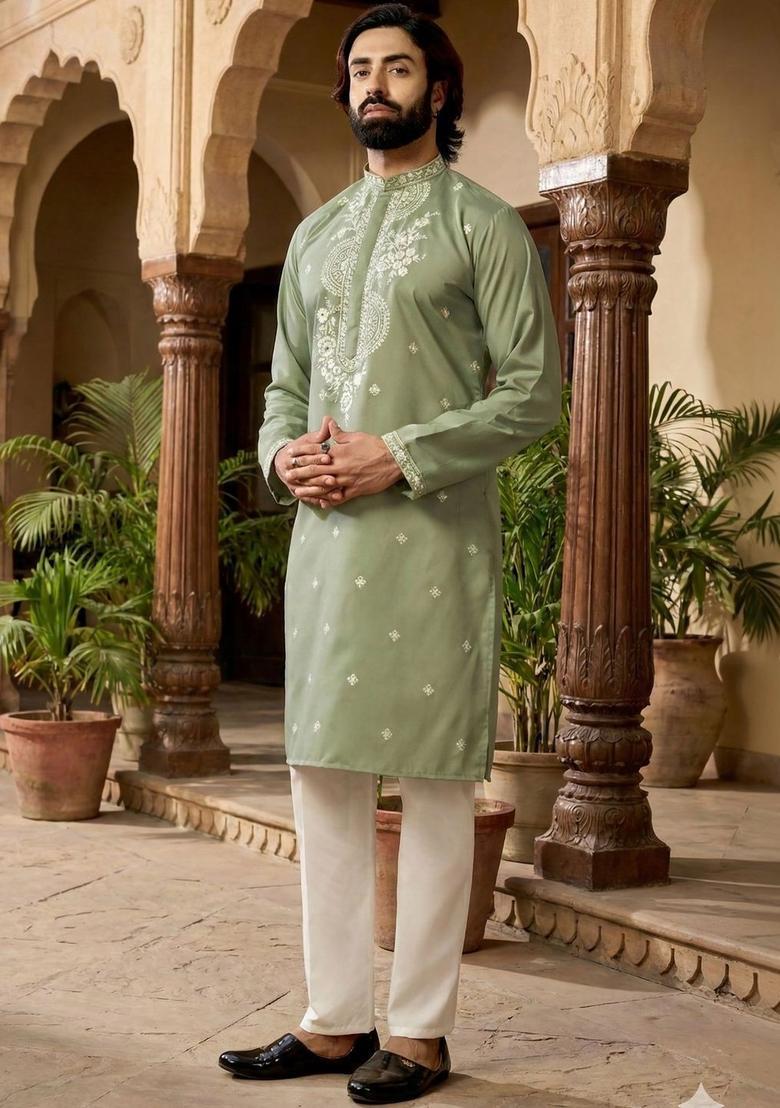 Olive Embroidered Cotton Kurta Set For Men - Indya