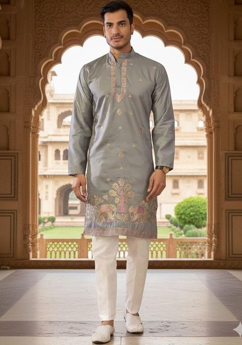 Grey Embroidered Cotton Kurta Set For Men