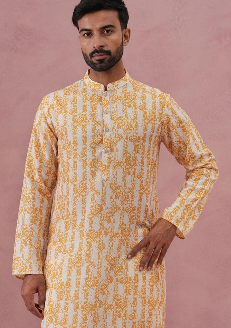 White Printed Cotton Kurta Set For Men - Indya