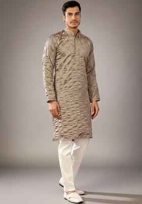 Brown Embroidered Cotton Kurta Set For Men