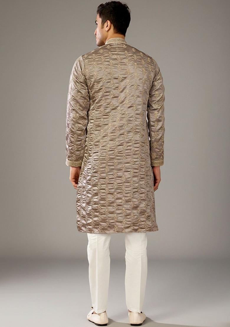 Brown Embroidered Cotton Kurta Set For Men - Indya