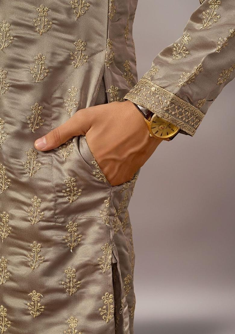 Brown Embroidered Cotton Kurta Set For Men - Indya