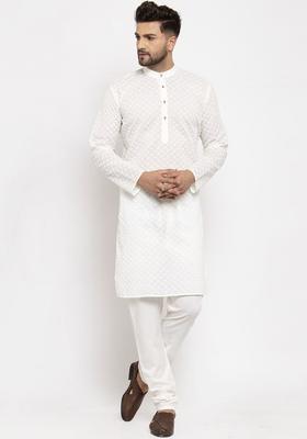 Beige Embroidered Cotton Kurta Set For Men
