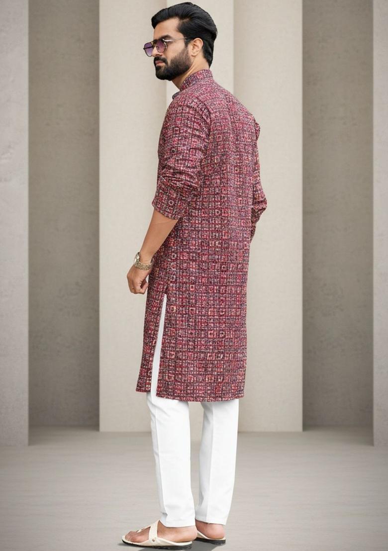 Maroon Printed Cotton Kurta Set For Men - Indya