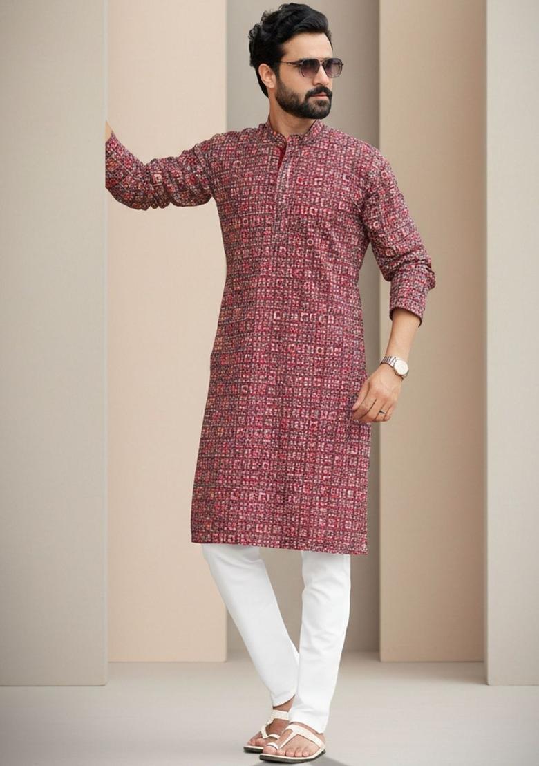 Maroon Printed Cotton Kurta Set For Men - Indya