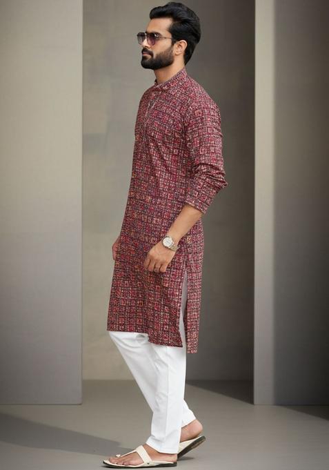 Maroon Printed Cotton Kurta Set For Men