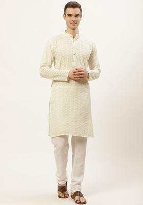 Beige Embroidered Cotton Kurta Set For Men