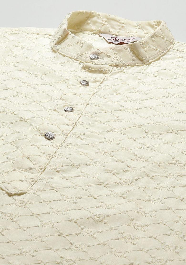 Beige Embroidered Cotton Kurta Set For Men - Indya