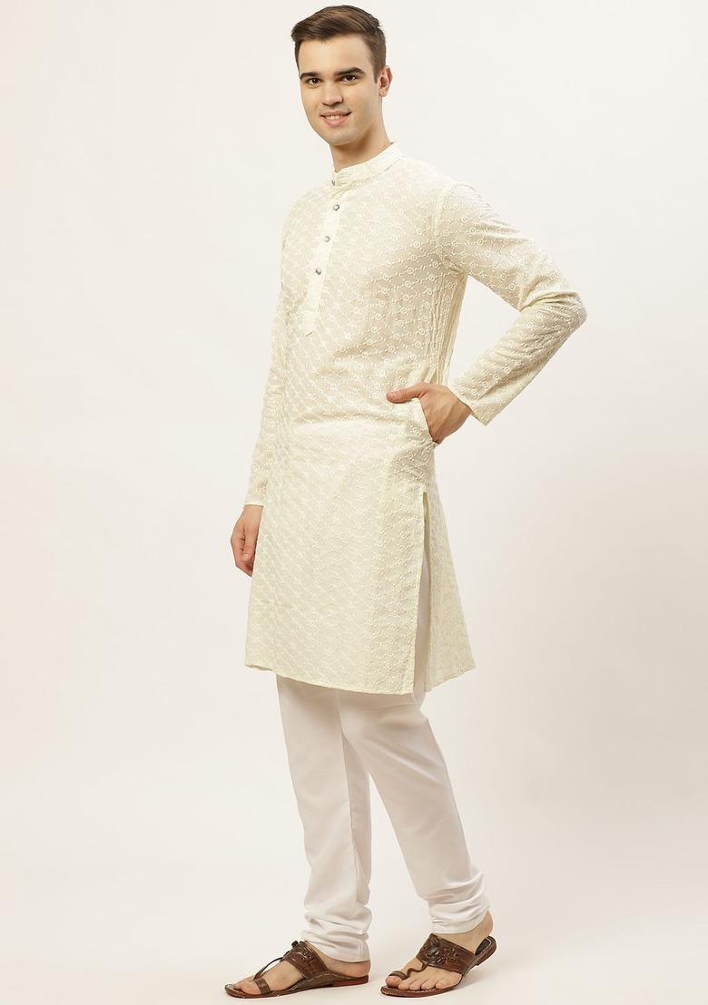 Beige Embroidered Cotton Kurta Set For Men - Indya