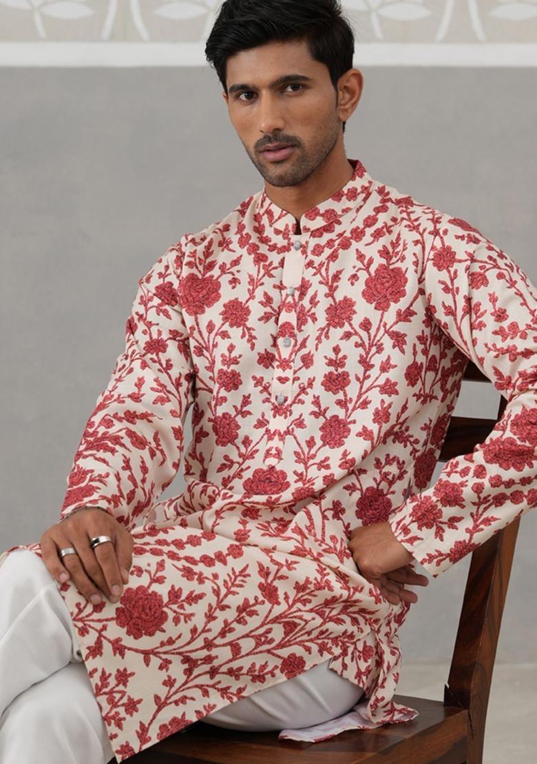 White Embroidered Cotton Kurta Set For Men - Indya