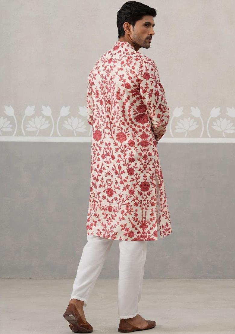 White Embroidered Cotton Kurta Set For Men - Indya