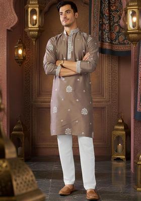 Brown Embroidered Silk Kurta Set For Men