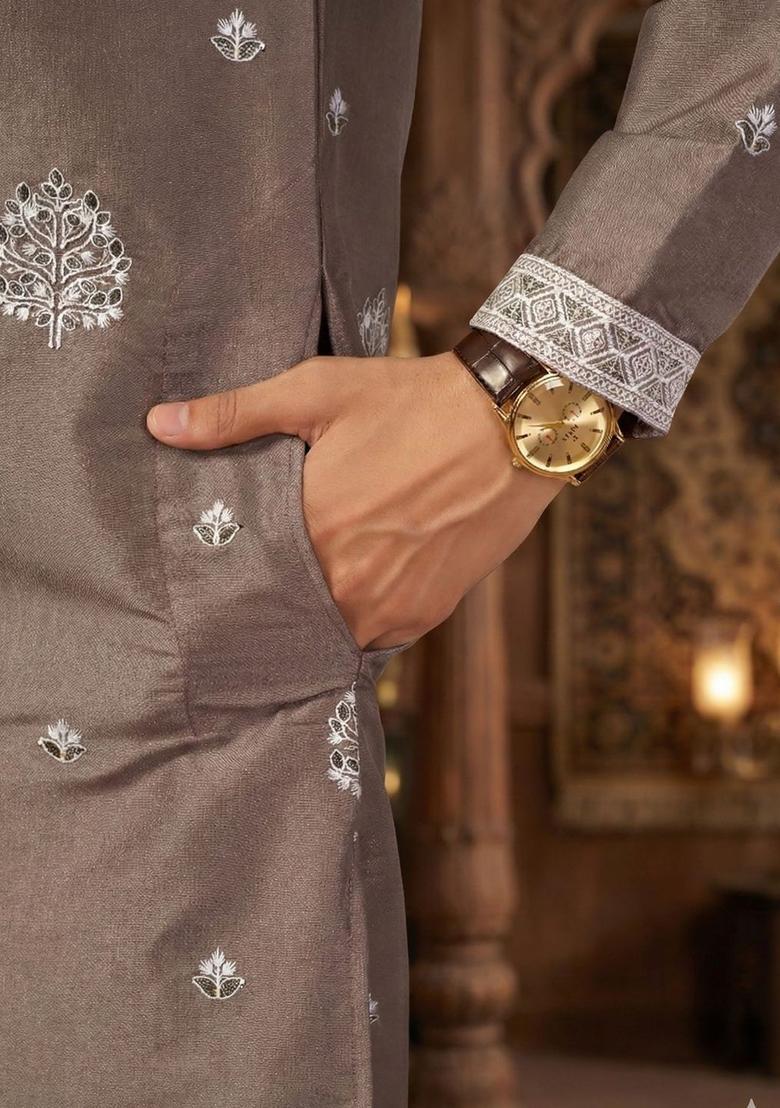 Brown Embroidered Silk Kurta Set For Men - Indya