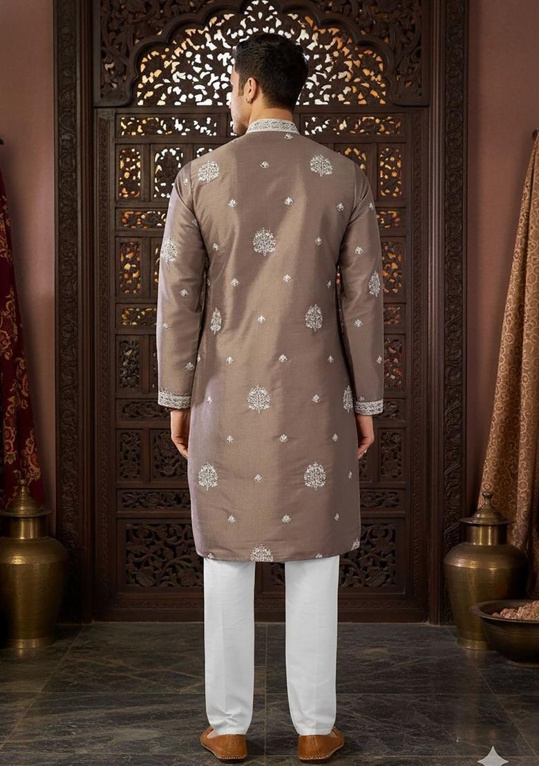 Brown Embroidered Silk Kurta Set For Men - Indya