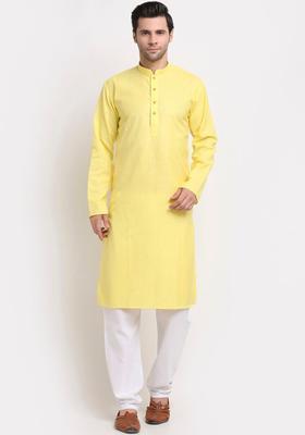Yellow Self Design Cotton Kurta Set For Men