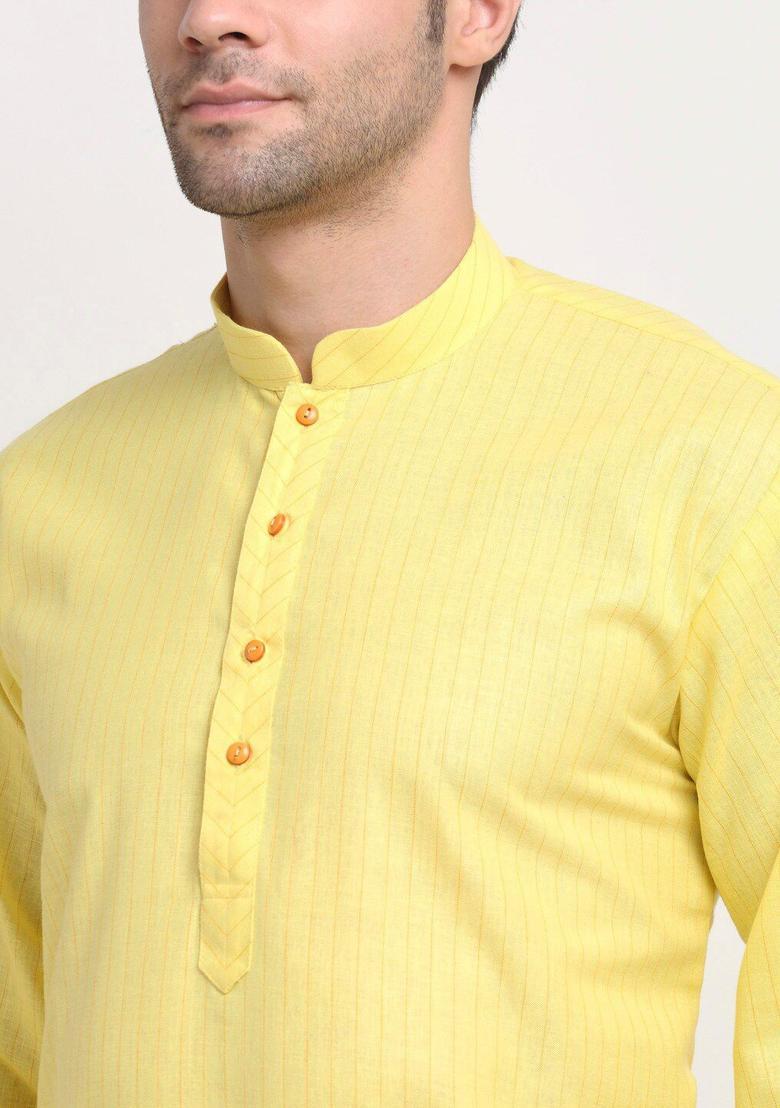 Yellow Self Design Cotton Kurta Set For Men - Indya