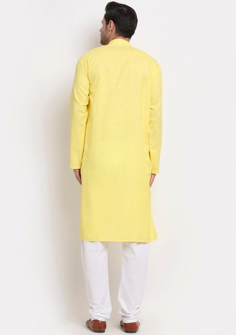 Yellow Self Design Cotton Kurta Set For Men - Indya