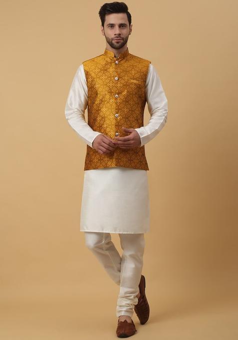 Beige Solid Silk Kurta Set For Men
