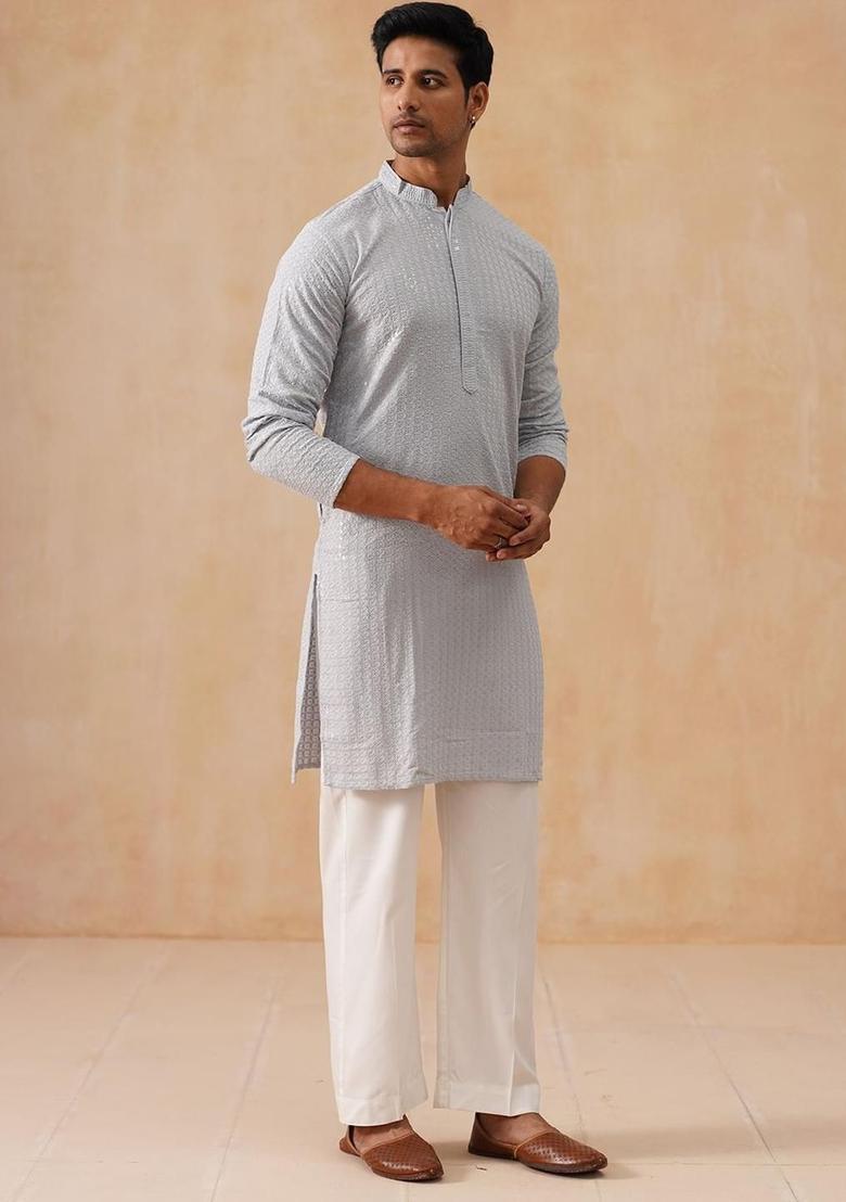 Grey Embroidered Viscose Kurta Set For Men - Indya