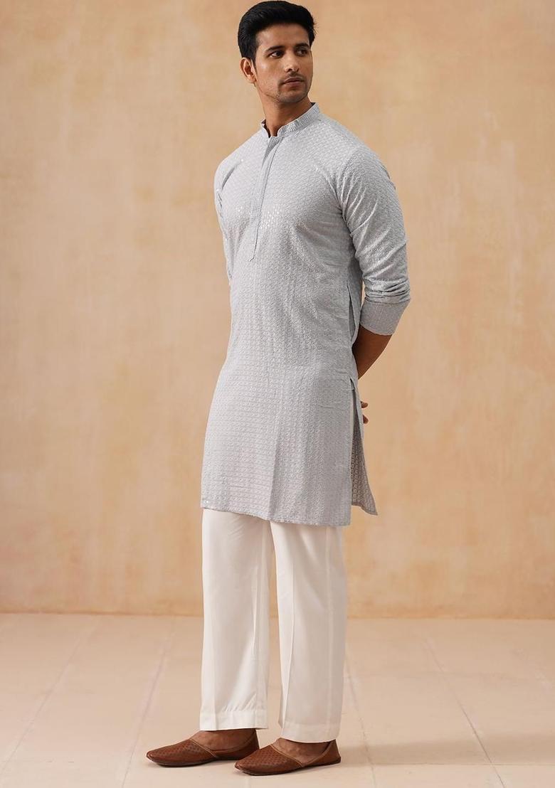 Grey Embroidered Viscose Kurta Set For Men - Indya
