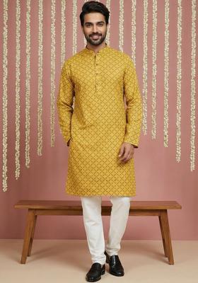 Yellow Printed Silk Kurta Set For Men