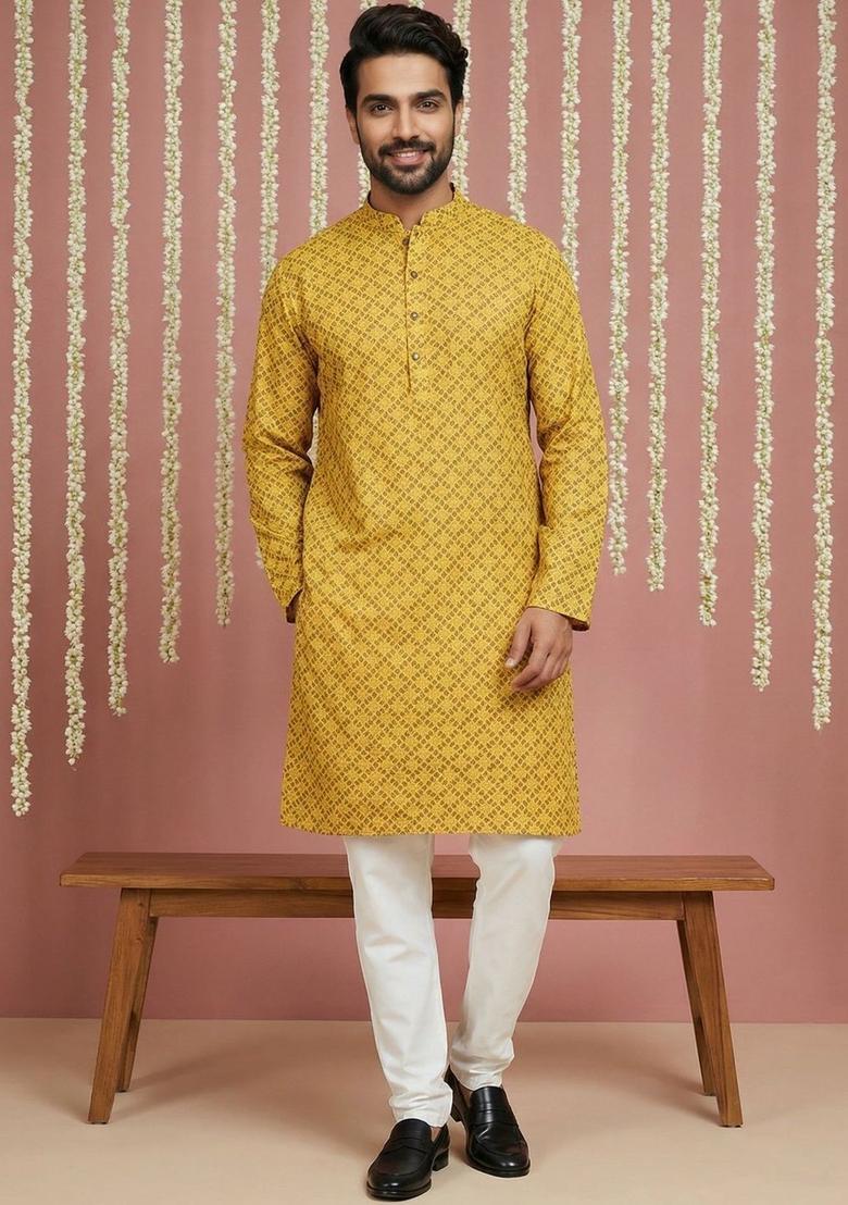 Yellow Printed Silk Kurta Set For Men - Indya