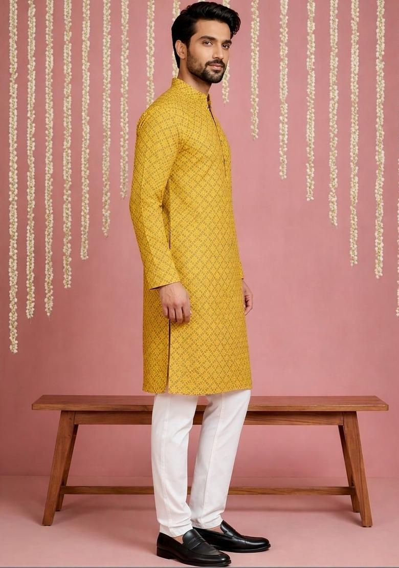 Yellow Printed Silk Kurta Set For Men - Indya