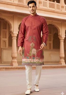 Maroon Printed Silk Kurta Set For Men